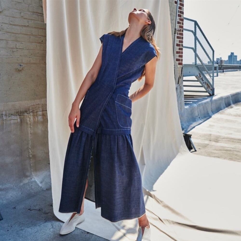 Zero + Maria Cornejo Mia Denim Midi Wrap Dress sz 8 Medium Organic Cotton Blue - Picture 2 of 12